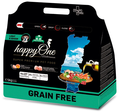 HappyOne Mediterraneum Light&Senior - Ração seca para cão com mais de 7 anos - Sabor a Aves