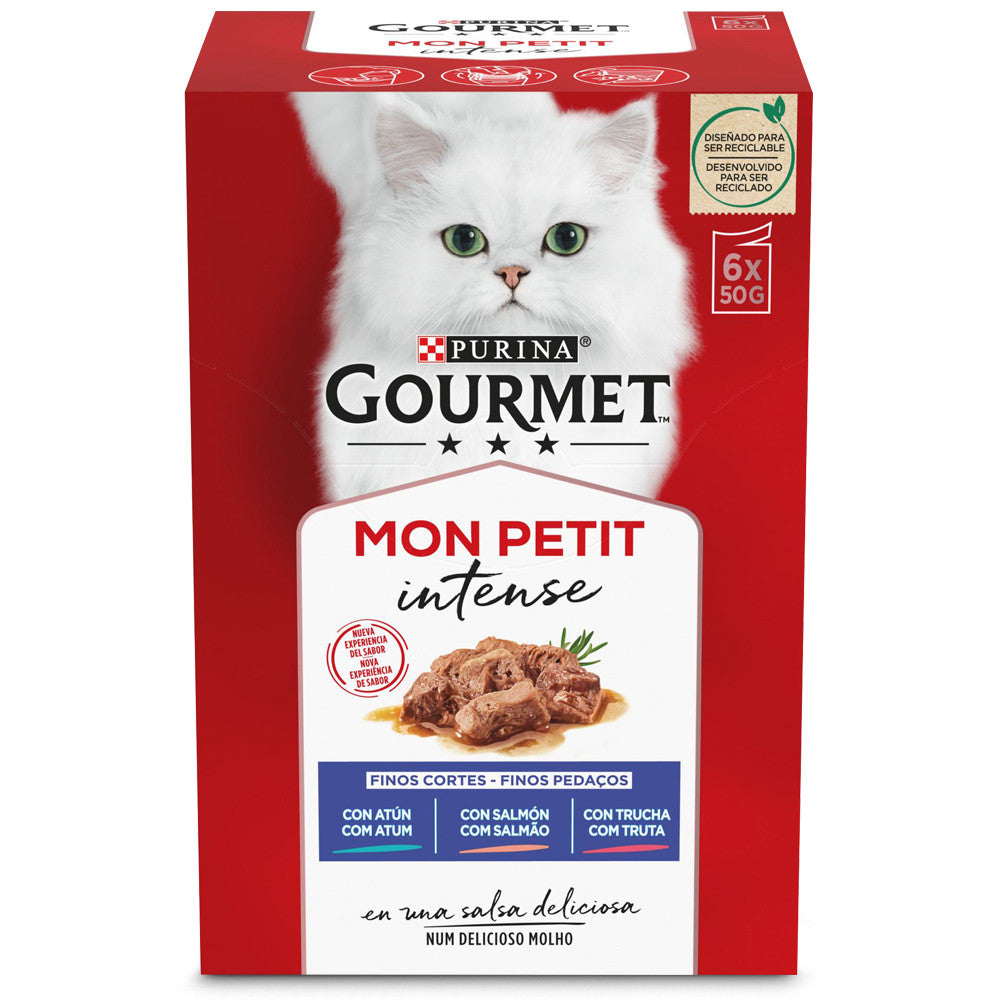 Gourmet Mon Petit Intense - Finos pedaços em molho para gatos - Atum, salmão e truta
