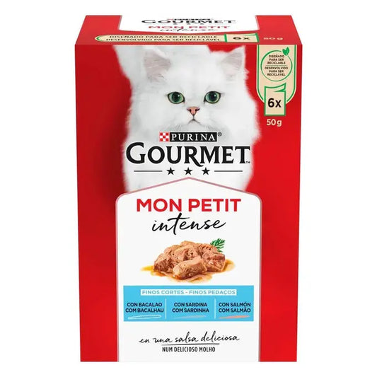 Gourmet Mon Petit Intense - Finos pedaços em molho para gatos - Bacalhau, Sardinha e Salmão
