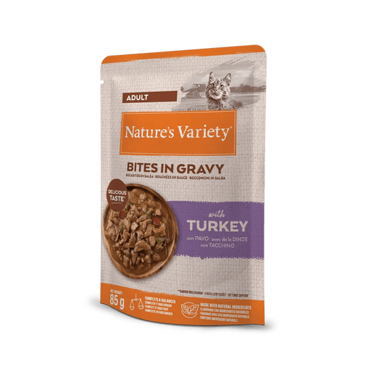 Nature's Variety Bites in Gravy - Alimento húmido em molho para gatos adultos - Sabor a Peru