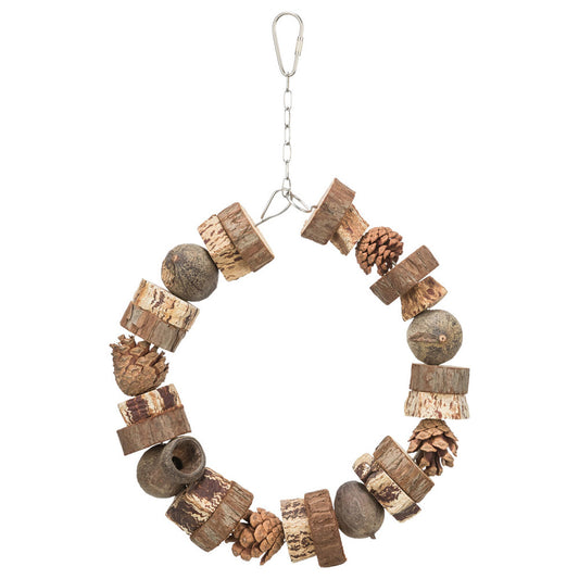 Brinquedo em madeira e pinhas para aves