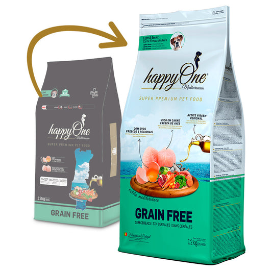 HappyOne Mediterraneum Light&Senior - Ração seca para cão com mais de 7 anos - Sabor a Aves