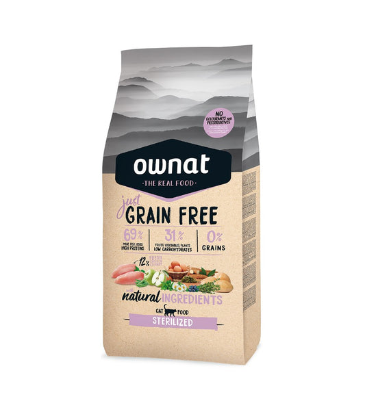 Ownat Grain Free Just Sterilized - Ração seca sem cereais para gatos adultos esterilizados