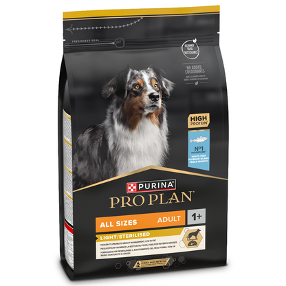 Pro Plan All Sizes Light & Sterilised Adult - Ração seca para cão adulto para controlo do peso - Sabor a Peixe Branco